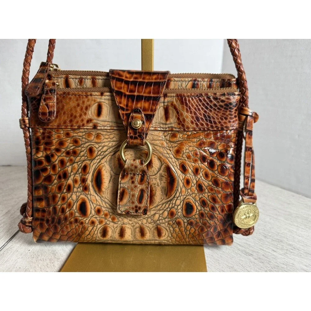 Brahmin Pecan Melbourne Croc Embossed Leather Crossbody Bag Organizer Vintage